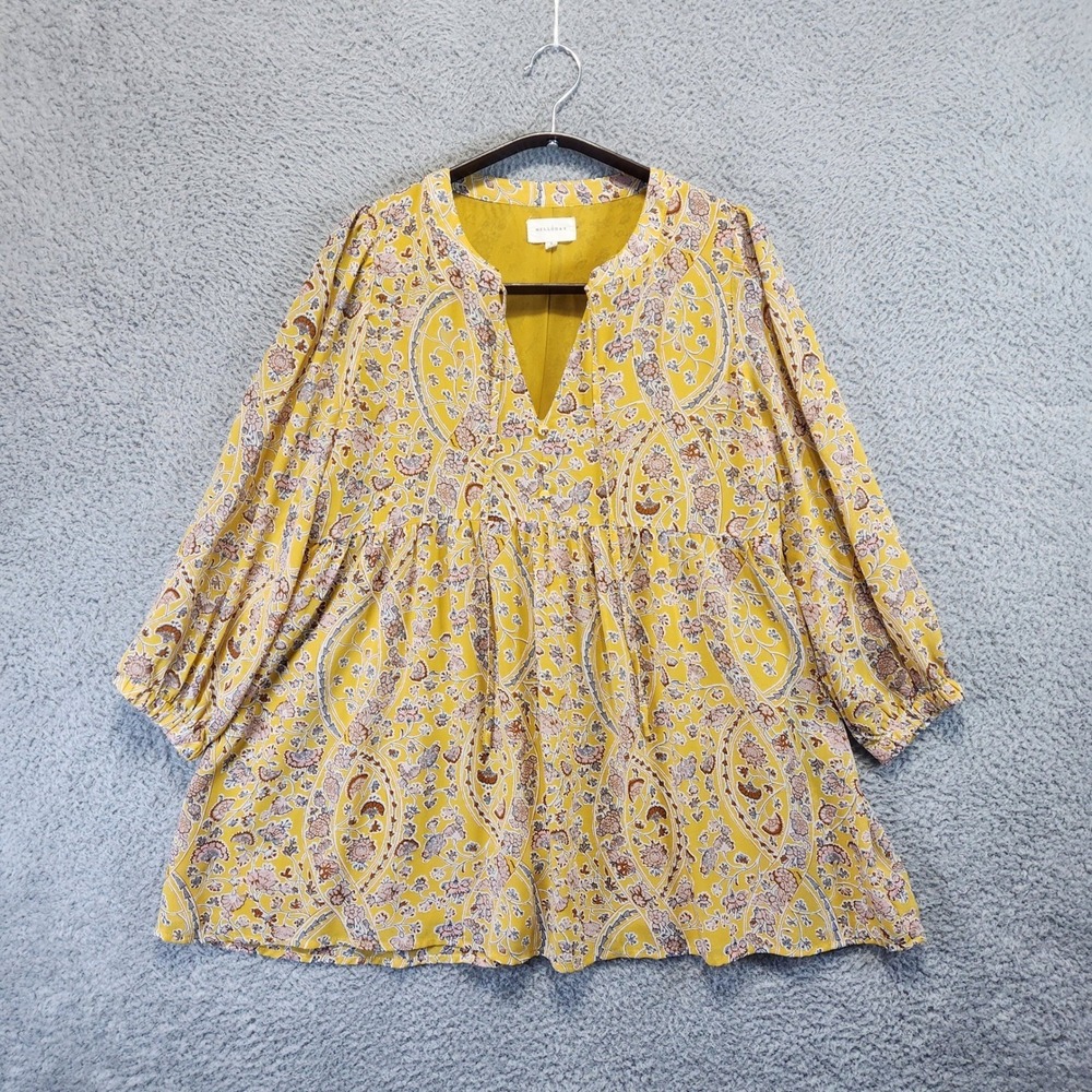 Melloday Yellow Floral Babydoll V-Neck Dress Womens Small Cottagecore Boho